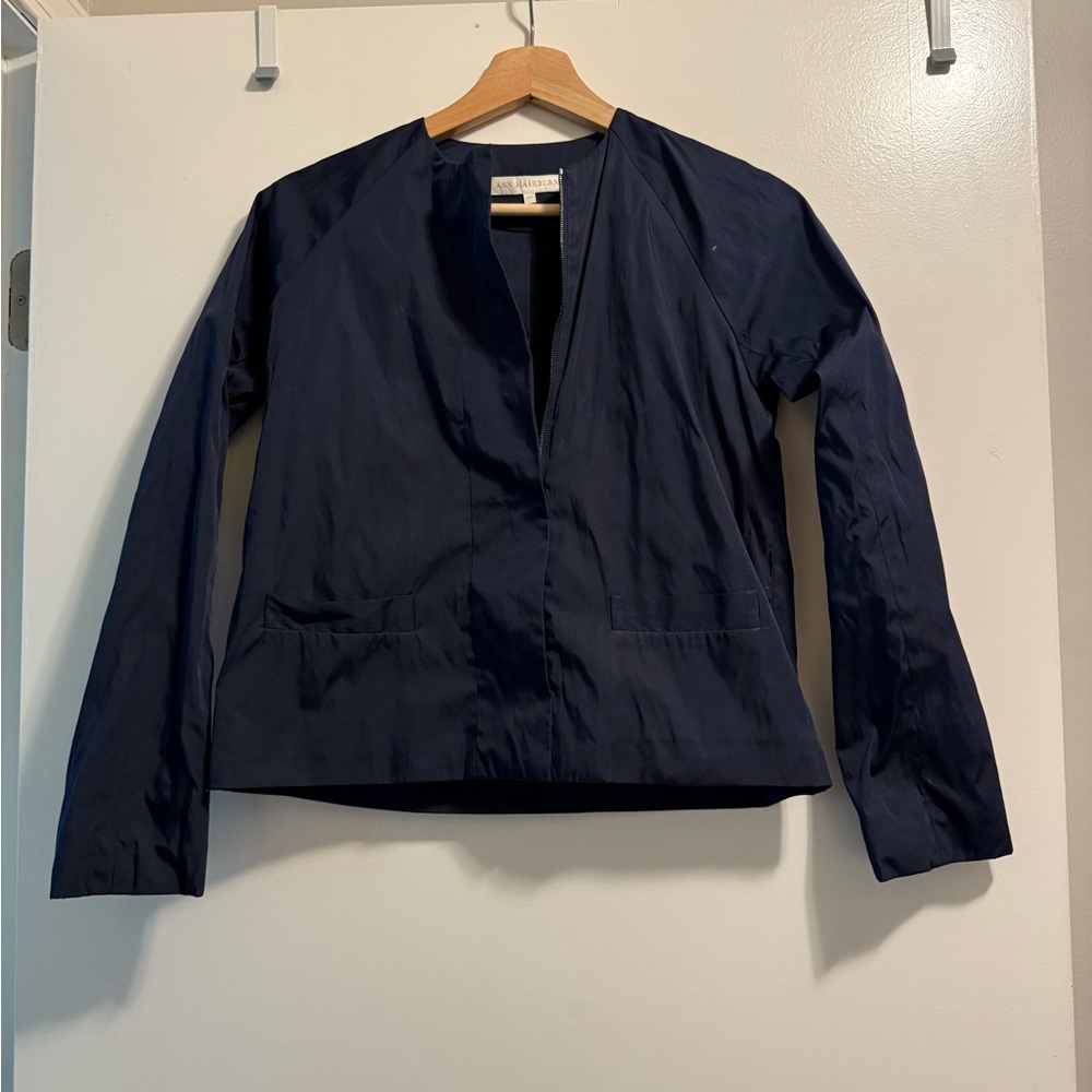 ANN MASHBURN Classic Navy Collarless Jacket Blazer Hidden Zipper